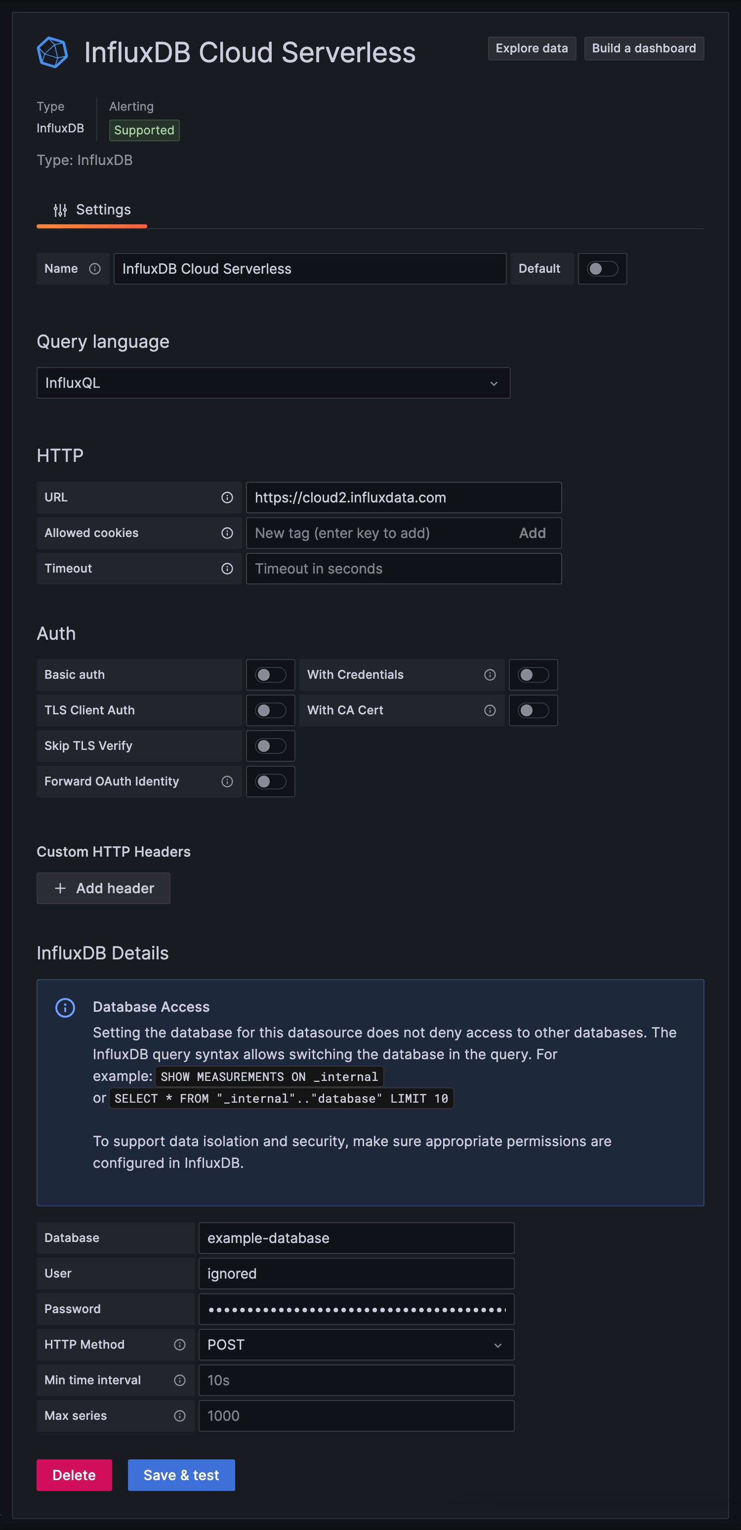 Grafana InfluxDB data source for InfluxDB Cloud Serverless using InfluxQL