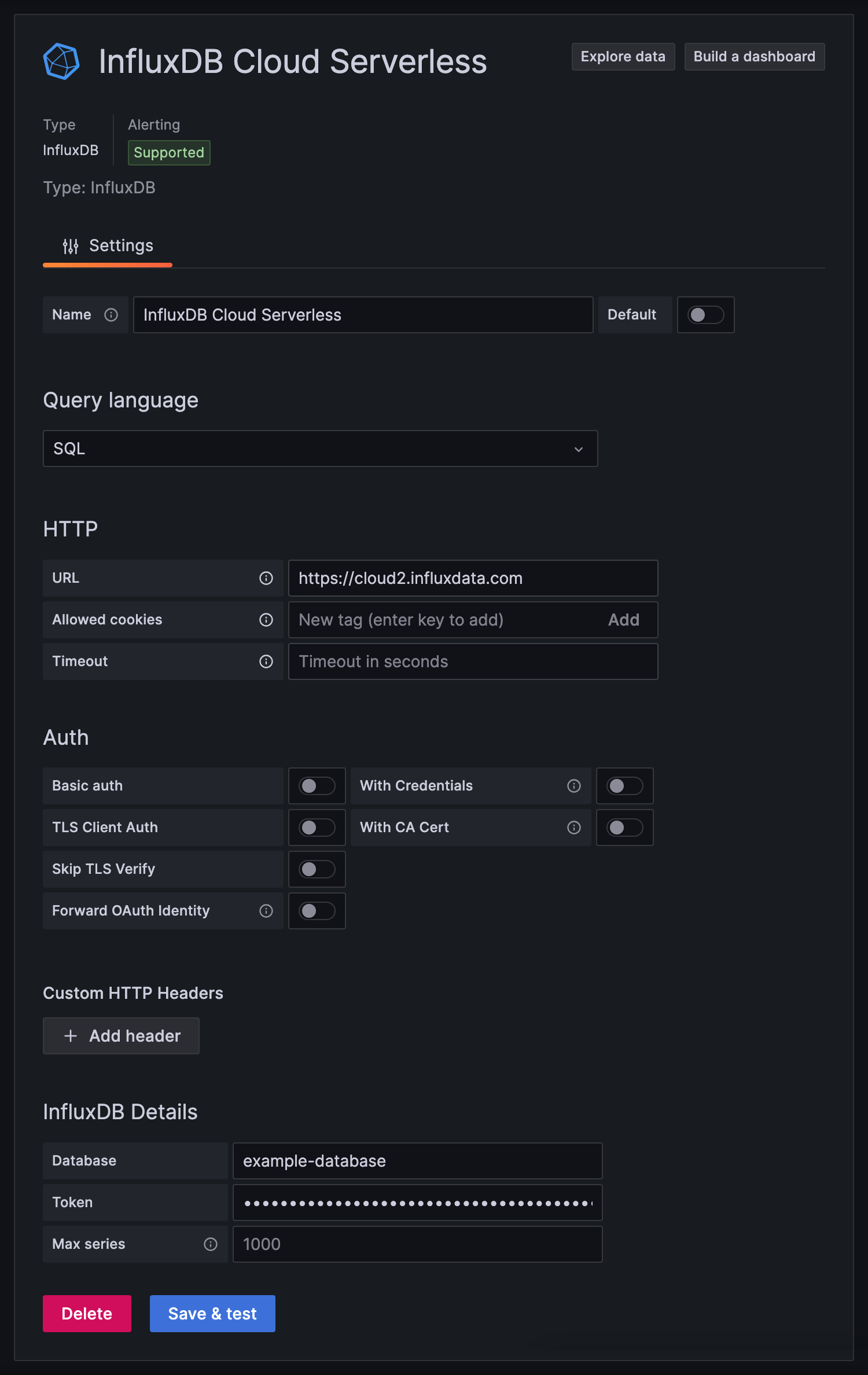 Grafana InfluxDB data source for InfluxDB Cloud Serverless that uses SQL